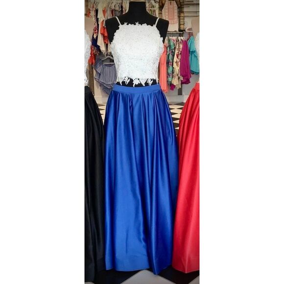 Dave & Johnny 2 pc formal dress- white / Royal blue skirt w/POCKETS -sz 3/4 - Picture 1 of 8